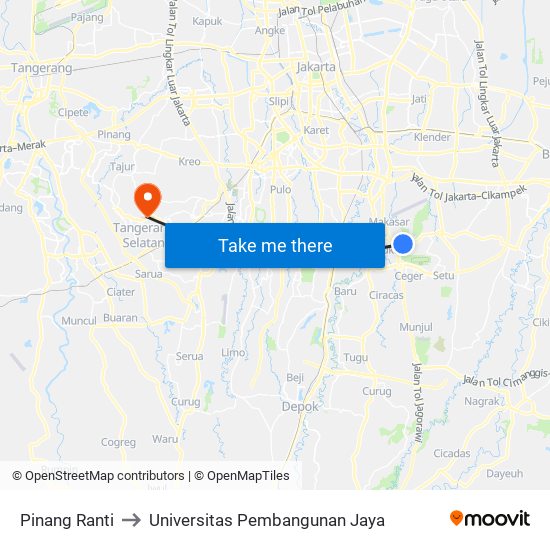 Pinang Ranti to Universitas Pembangunan Jaya map