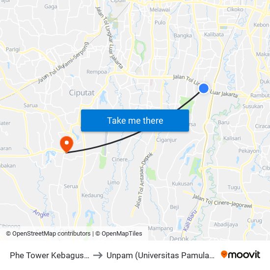 Phe Tower Kebagusan to Unpam (Universitas Pamulang) map