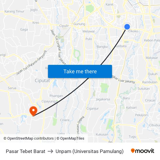 Pasar Tebet Barat to Unpam (Universitas Pamulang) map