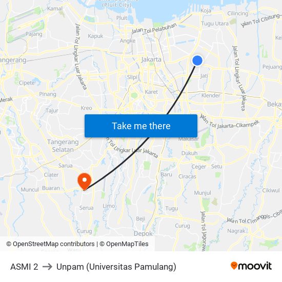 ASMI 2 to Unpam (Universitas Pamulang) map