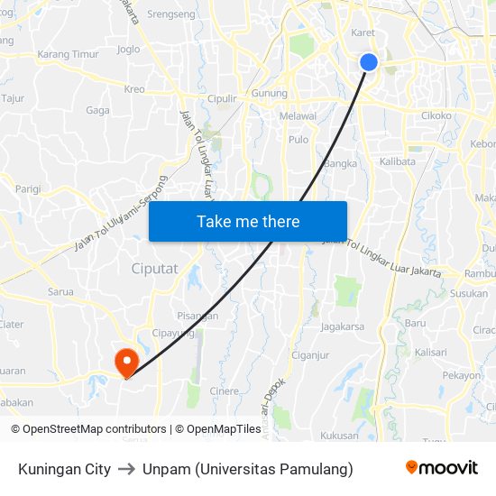 Kuningan City to Unpam (Universitas Pamulang) map