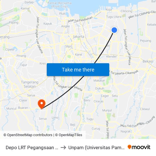 Depo LRT Pegangsaan Dua 1 to Unpam (Universitas Pamulang) map