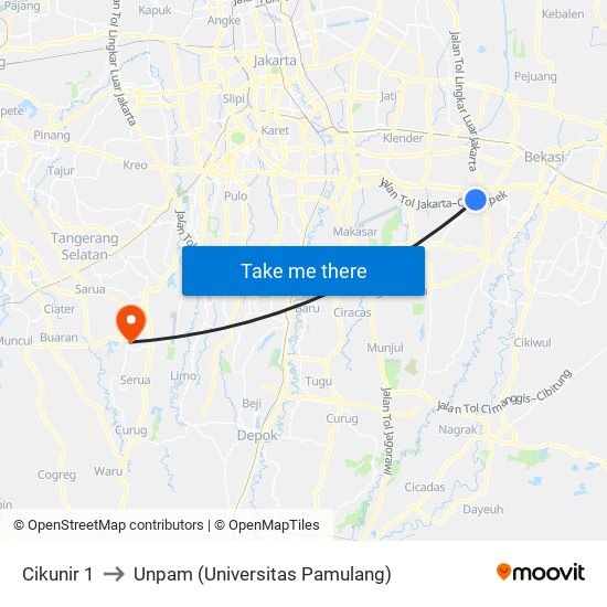 Cikunir 1 to Unpam (Universitas Pamulang) map