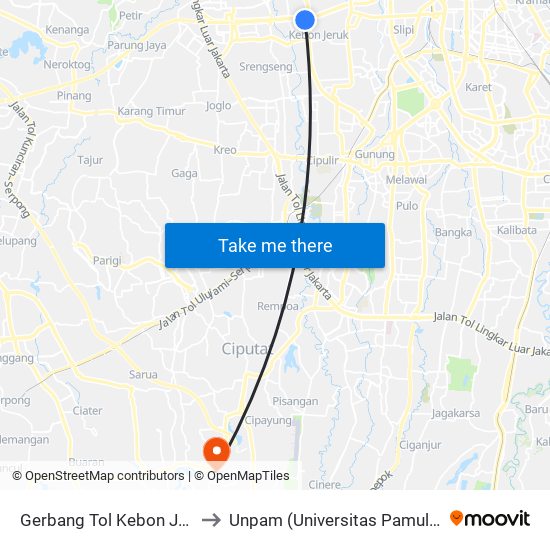 Gerbang Tol Kebon Jeruk to Unpam (Universitas Pamulang) map