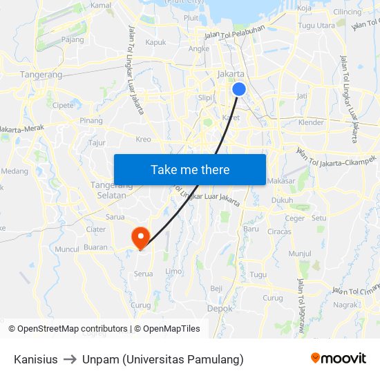 Kanisius to Unpam (Universitas Pamulang) map