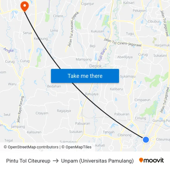 Pintu Tol Citeureup to Unpam (Universitas Pamulang) map