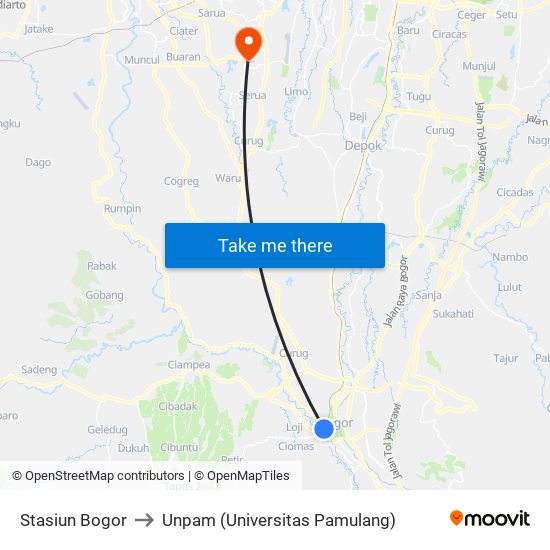 Stasiun Bogor to Unpam (Universitas Pamulang) map