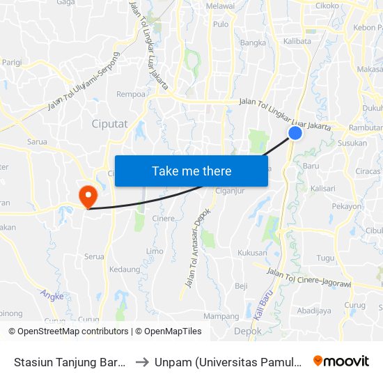 Stasiun Tanjung Barat 1 to Unpam (Universitas Pamulang) map