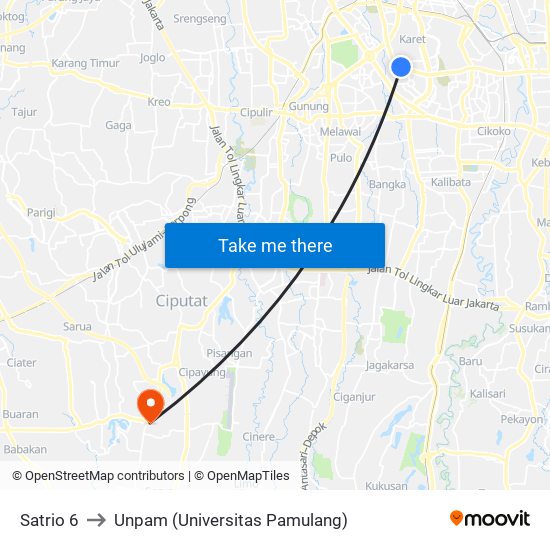 Satrio 6 to Unpam (Universitas Pamulang) map