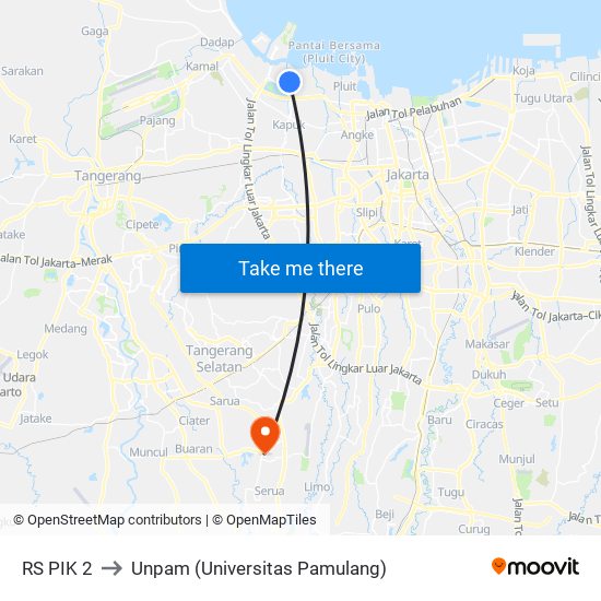 RS PIK 2 to Unpam (Universitas Pamulang) map