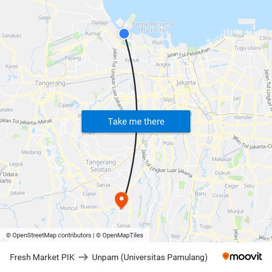 Fresh Market PIK to Unpam (Universitas Pamulang) map