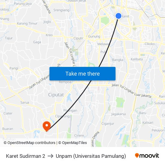 Karet Sudirman 2 to Unpam (Universitas Pamulang) map