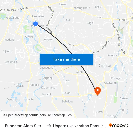 Bundaran Alam Sutra 2 to Unpam (Universitas Pamulang) map