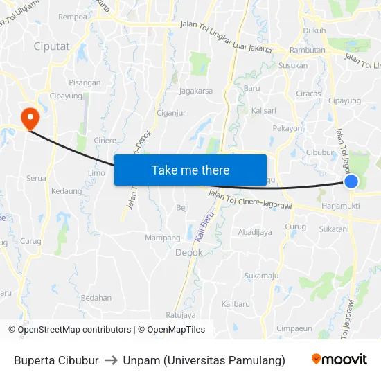 Buperta Cibubur to Unpam (Universitas Pamulang) map