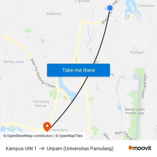 Kampus UIN 1 to Unpam (Universitas Pamulang) map