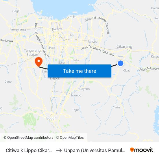 Citiwalk Lippo Cikarang to Unpam (Universitas Pamulang) map