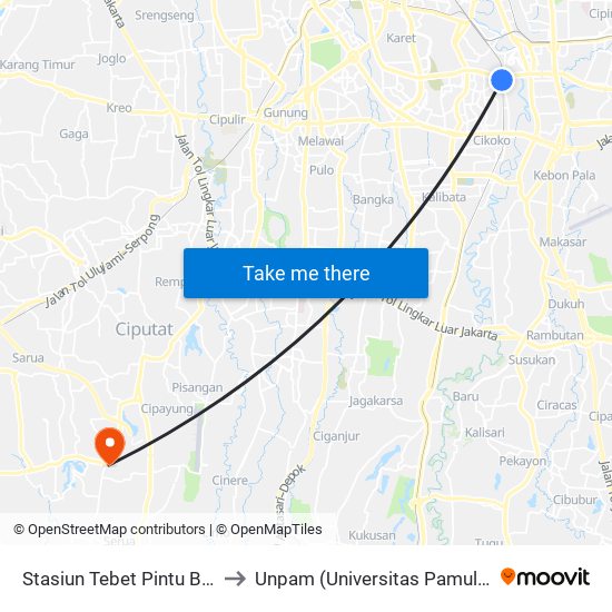 Stasiun Tebet Pintu Barat to Unpam (Universitas Pamulang) map