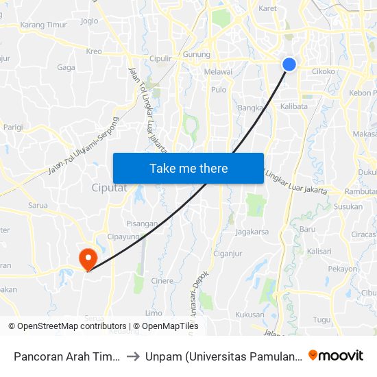 Pancoran Arah Timur to Unpam (Universitas Pamulang) map