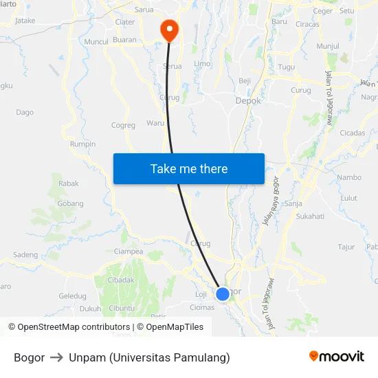 Bogor to Unpam (Universitas Pamulang) map