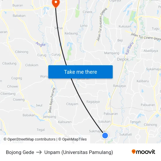 Bojong Gede to Unpam (Universitas Pamulang) map