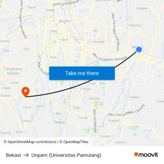 Bekasi to Unpam (Universitas Pamulang) map