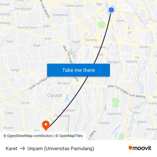 Karet to Unpam (Universitas Pamulang) map