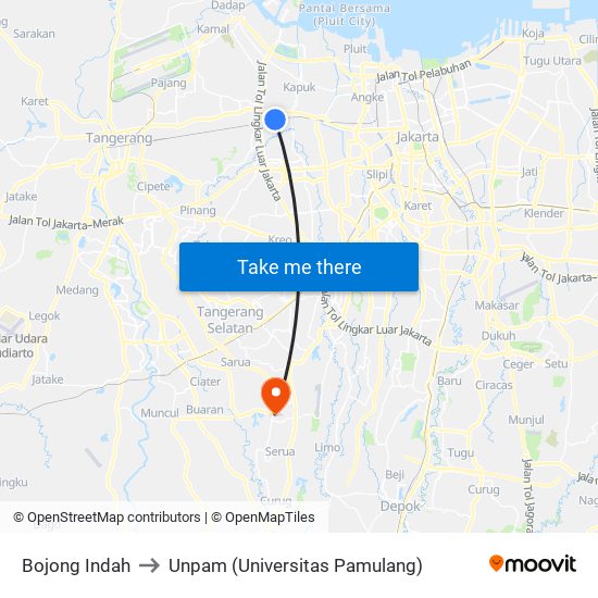 Bojong Indah to Unpam (Universitas Pamulang) map