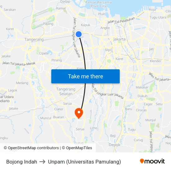 Bojong Indah to Unpam (Universitas Pamulang) map