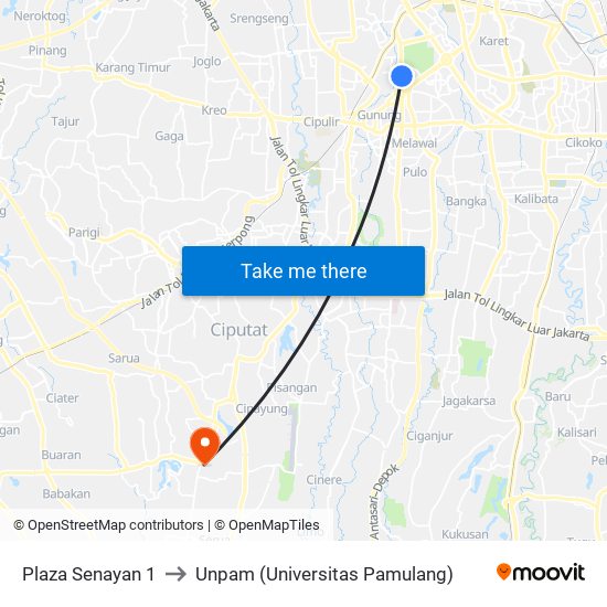 Plaza Senayan 1 to Unpam (Universitas Pamulang) map