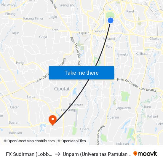 FX Sudirman (Lobby) to Unpam (Universitas Pamulang) map