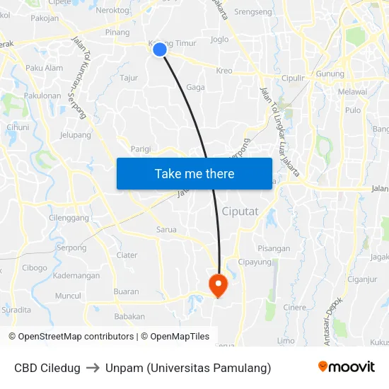 CBD Ciledug to Unpam (Universitas Pamulang) map