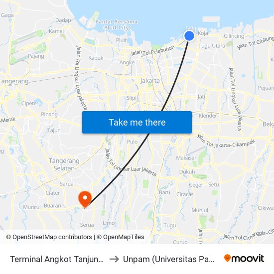 Terminal Tanjung Priok 1 to Unpam (Universitas Pamulang) map