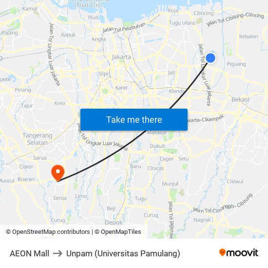 AEON Mall to Unpam (Universitas Pamulang) map