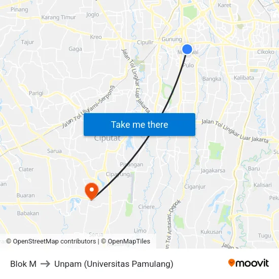 Blok M to Unpam (Universitas Pamulang) map