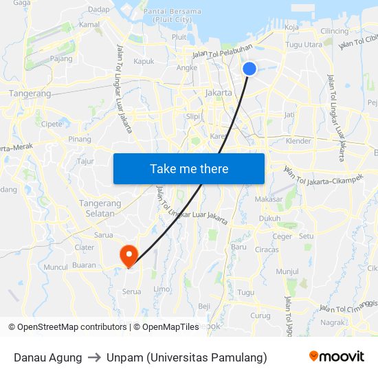 Danau Agung to Unpam (Universitas Pamulang) map