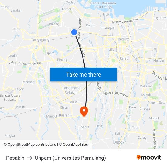 Pesakih to Unpam (Universitas Pamulang) map