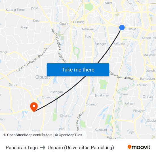 Pancoran Tugu to Unpam (Universitas Pamulang) map