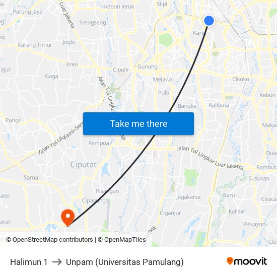 Halimun 1 to Unpam (Universitas Pamulang) map