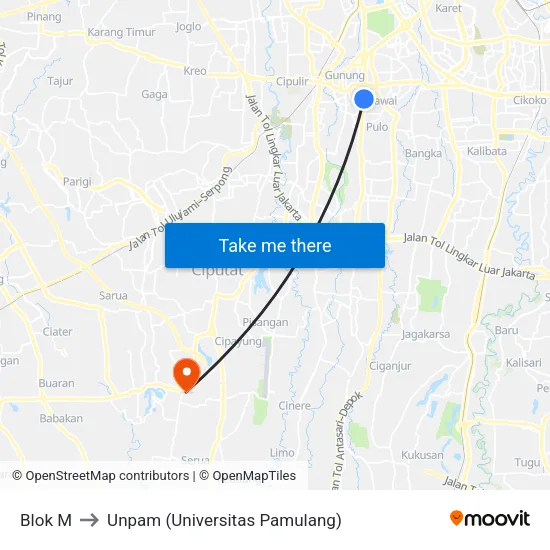 Blok M to Unpam (Universitas Pamulang) map