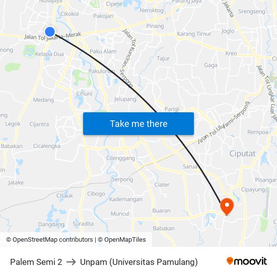 Palem Semi 2 to Unpam (Universitas Pamulang) map