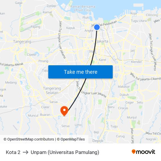 Kota 2 to Unpam (Universitas Pamulang) map