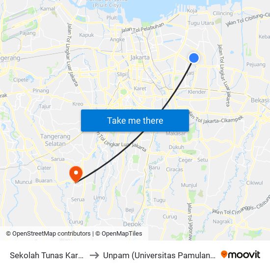 Sekolah Tunas Karya to Unpam (Universitas Pamulang) map