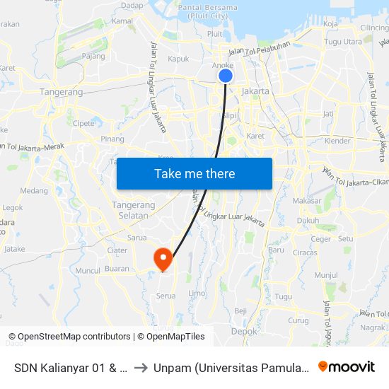 SDN Kalianyar 01 & 02 to Unpam (Universitas Pamulang) map