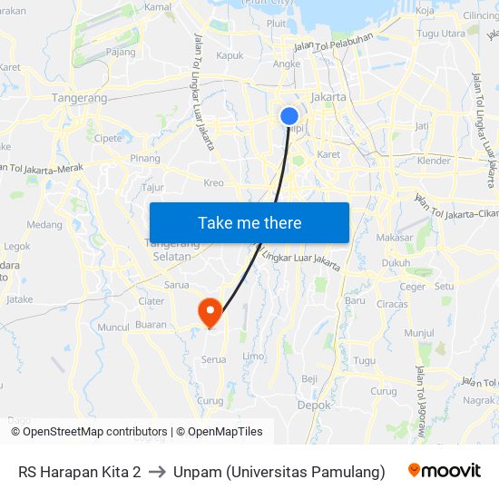 RS Harapan Kita 2 to Unpam (Universitas Pamulang) map