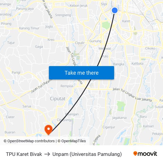 TPU Karet Bivak to Unpam (Universitas Pamulang) map