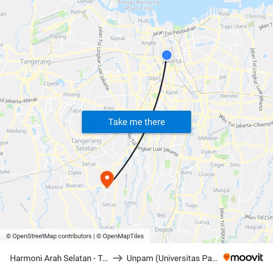 Harmoni Arah Selatan - Temporer to Unpam (Universitas Pamulang) map