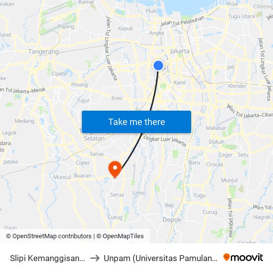 Slipi Kemanggisan 2 to Unpam (Universitas Pamulang) map