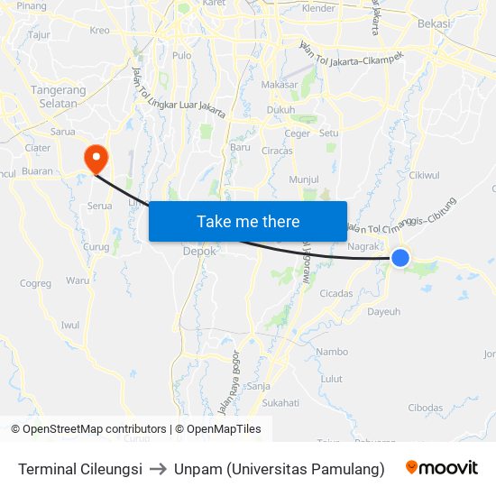Terminal Cileungsi to Unpam (Universitas Pamulang) map