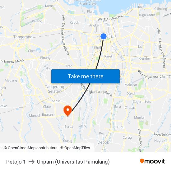 Petojo 1 to Unpam (Universitas Pamulang) map