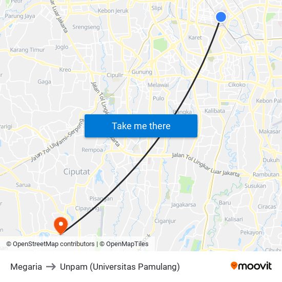 Megaria to Unpam (Universitas Pamulang) map